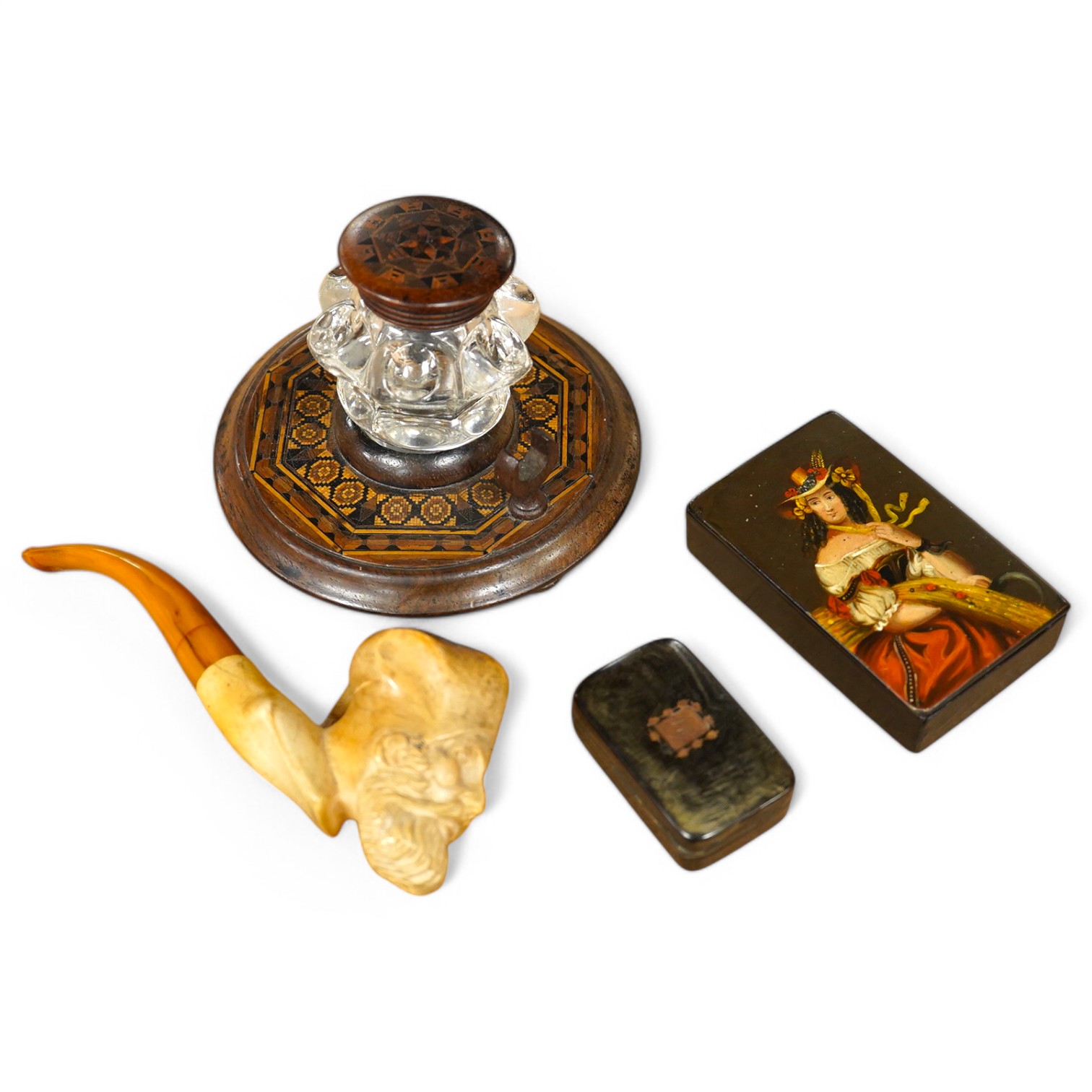 Sundry items to include a Tunbridge ware inkwell, a yellow metal inlaid box and a pipe with amber mouthpiece, largest 15cm. Condition - fair/good